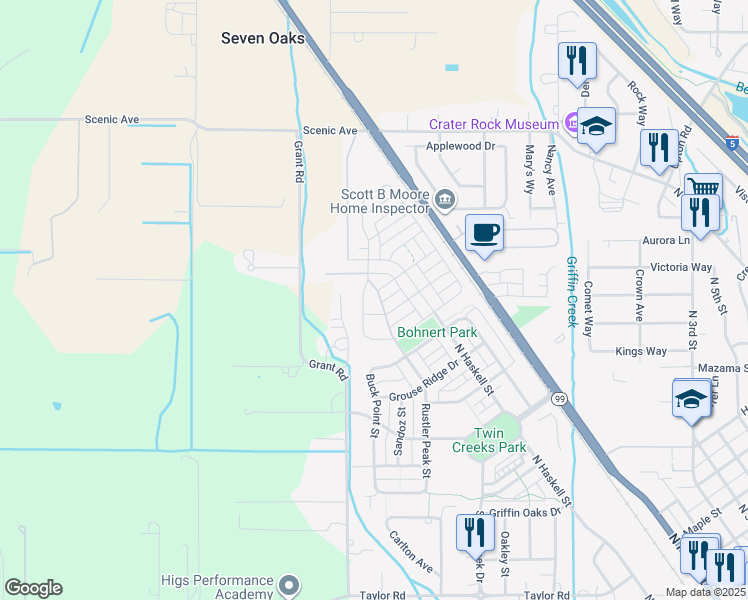 map of restaurants, bars, coffee shops, grocery stores, and more near 1415 Rustler Peak Street in Central Point