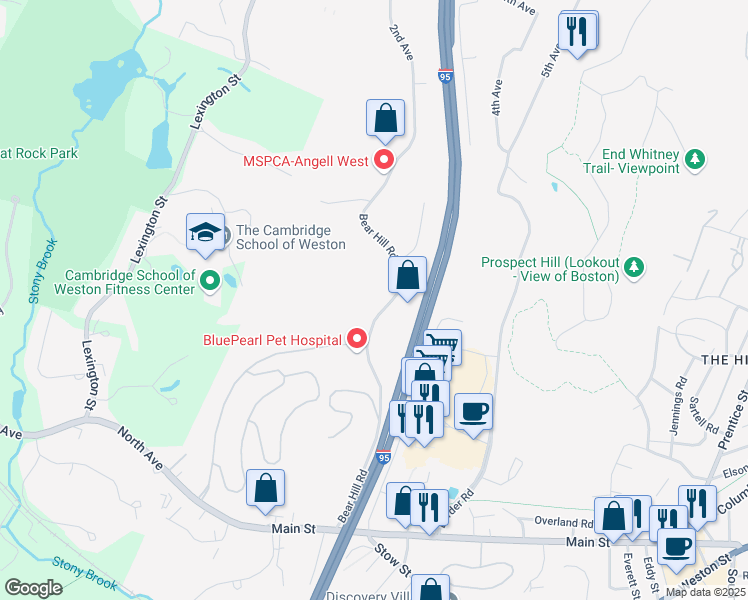 map of restaurants, bars, coffee shops, grocery stores, and more near 220 Bear Hill Road in Waltham