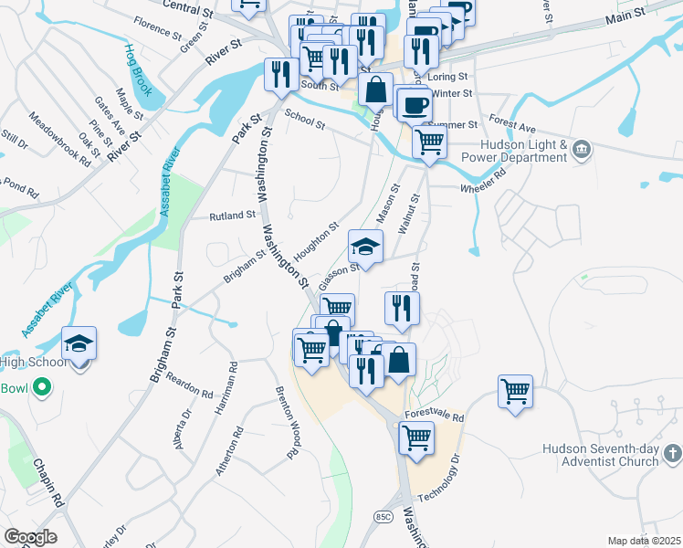 map of restaurants, bars, coffee shops, grocery stores, and more near 42 Giasson Street in Hudson