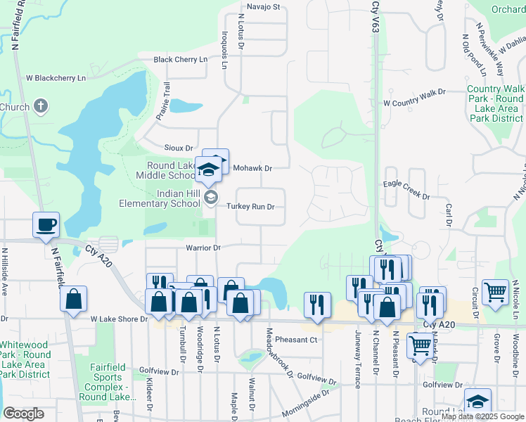 map of restaurants, bars, coffee shops, grocery stores, and more near 629 Turkey Run Drive in Round Lake Heights