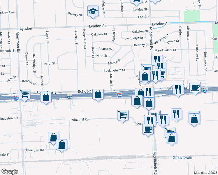 map of restaurants, bars, coffee shops, grocery stores, and more near 30118 Schoolcraft in Livonia