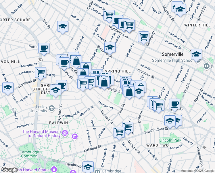 map of restaurants, bars, coffee shops, grocery stores, and more near 593 Somerville Avenue in Somerville