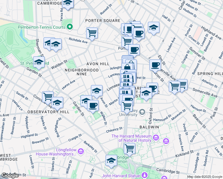 map of restaurants, bars, coffee shops, grocery stores, and more near 24 Linnaean Street in Cambridge
