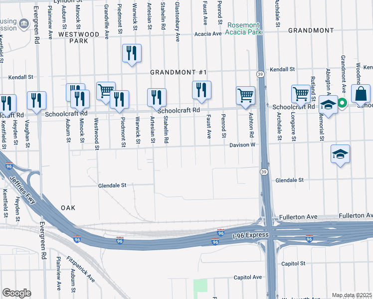 map of restaurants, bars, coffee shops, grocery stores, and more near 12950 Glastonbury Avenue in Detroit