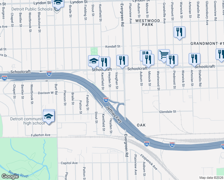 map of restaurants, bars, coffee shops, grocery stores, and more near 13501 Vaughan Street in Detroit