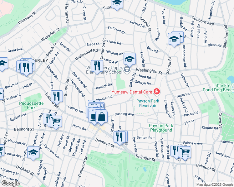 map of restaurants, bars, coffee shops, grocery stores, and more near 62 Chester Road in Belmont