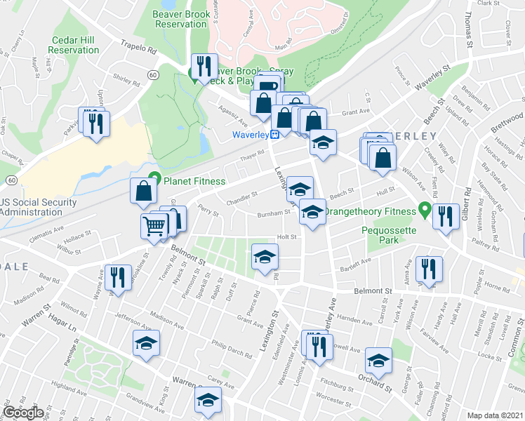 map of restaurants, bars, coffee shops, grocery stores, and more near 43 Burnham Street in Belmont