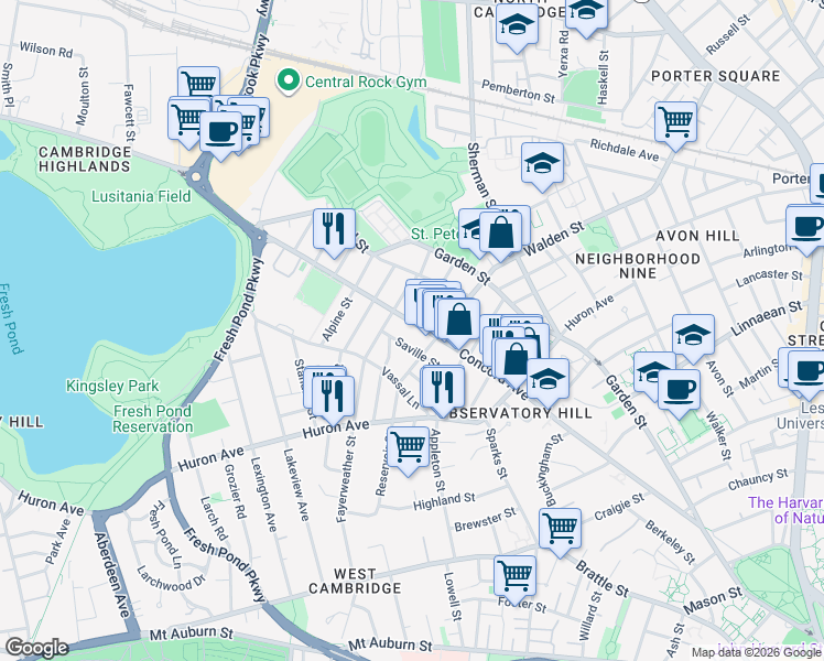 map of restaurants, bars, coffee shops, grocery stores, and more near 302 Concord Avenue in Cambridge