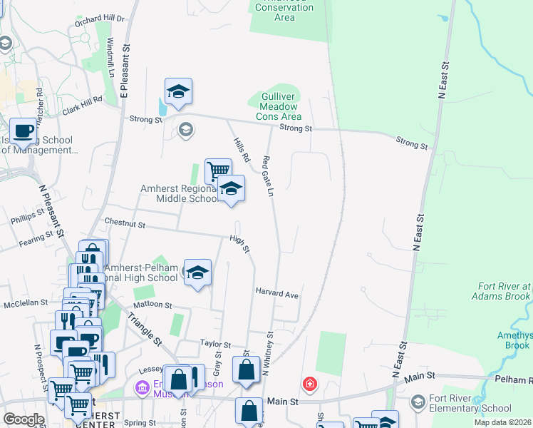 map of restaurants, bars, coffee shops, grocery stores, and more near 54 Red Gate Lane in Amherst