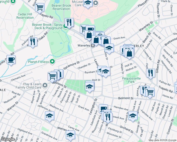 map of restaurants, bars, coffee shops, grocery stores, and more near 43 Burnham Street in Belmont