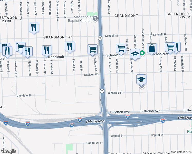 map of restaurants, bars, coffee shops, grocery stores, and more near 12939 Ashton Road in Detroit
