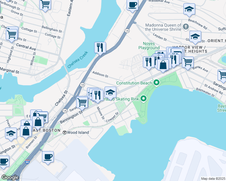 map of restaurants, bars, coffee shops, grocery stores, and more near 791 Saratoga Street in Boston