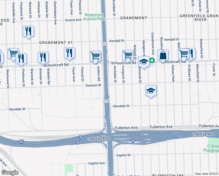 map of restaurants, bars, coffee shops, grocery stores, and more near 12934 Southfield Road in Detroit