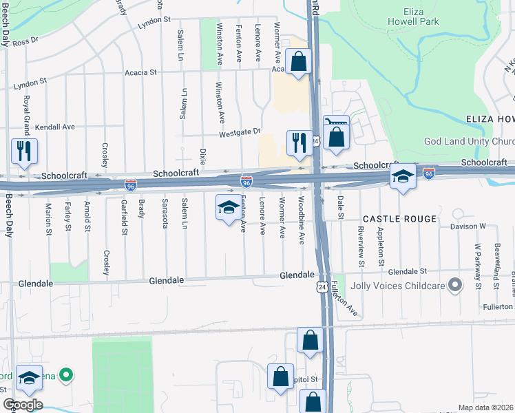 map of restaurants, bars, coffee shops, grocery stores, and more near 13543 Lenore in Redford Charter Township