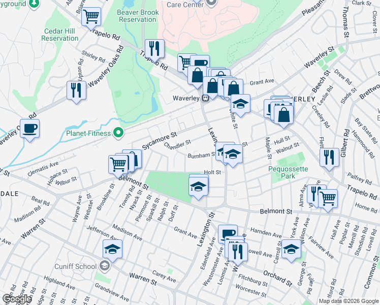map of restaurants, bars, coffee shops, grocery stores, and more near 57 Burnham Street in Belmont