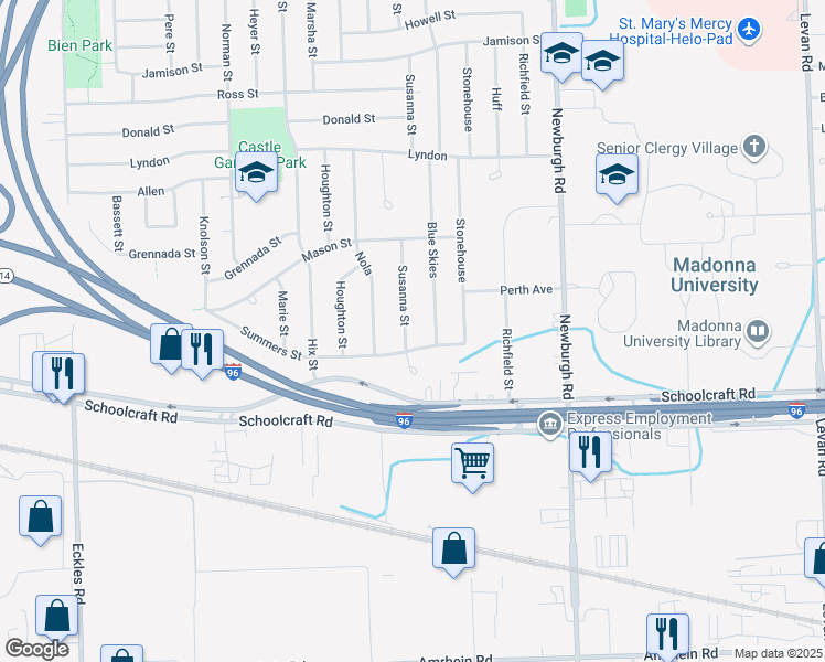 map of restaurants, bars, coffee shops, grocery stores, and more near 14080 Susanna Street in Livonia