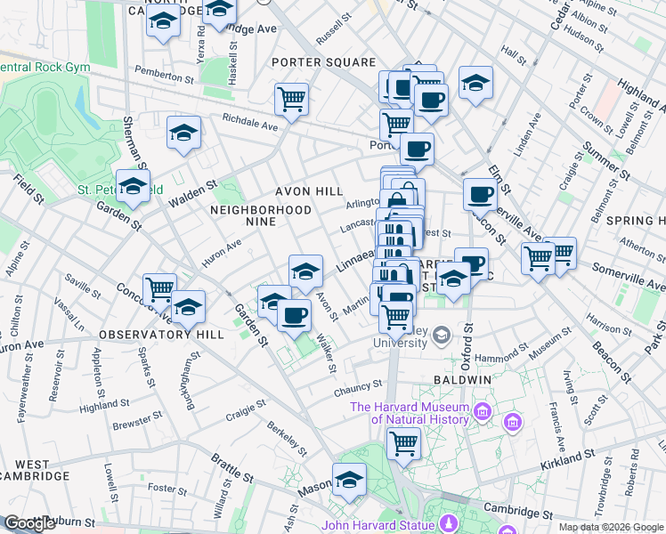 map of restaurants, bars, coffee shops, grocery stores, and more near 5 Washington Avenue in Cambridge