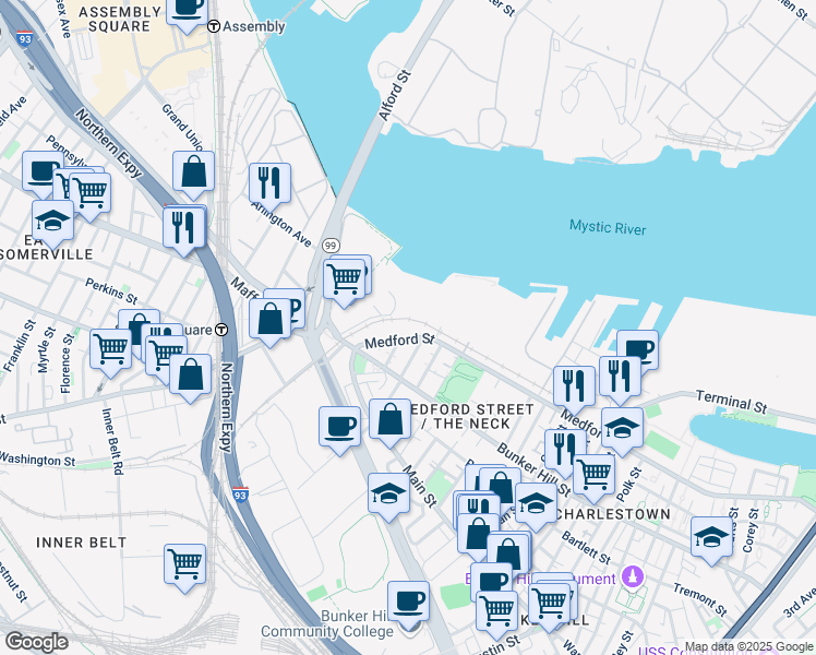 map of restaurants, bars, coffee shops, grocery stores, and more near 523 Medford Street in Boston