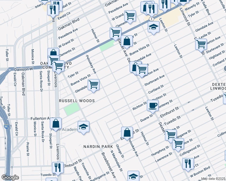 map of restaurants, bars, coffee shops, grocery stores, and more near 4046 Fullerton Avenue in Detroit