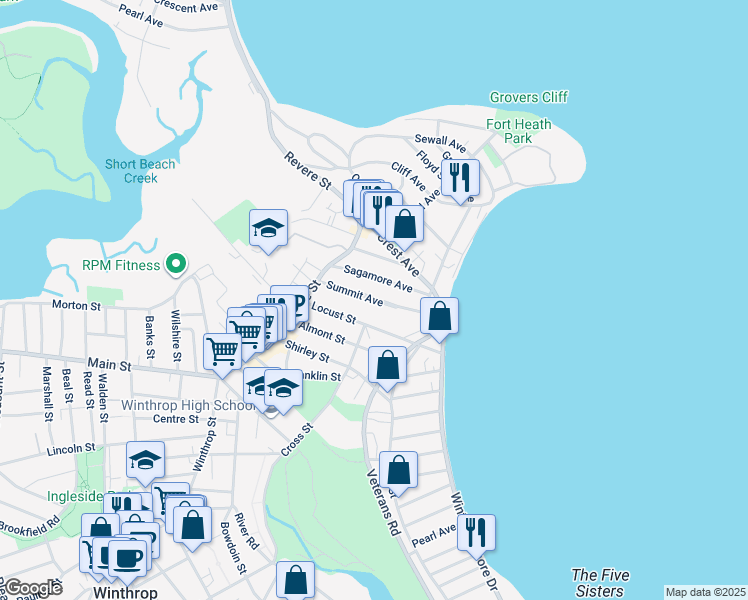 map of restaurants, bars, coffee shops, grocery stores, and more near Summit Avenue in Winthrop