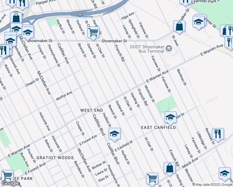 map of restaurants, bars, coffee shops, grocery stores, and more near 5026 Garland Street in Detroit