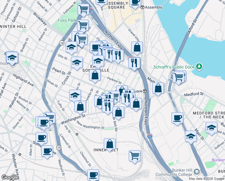 map of restaurants, bars, coffee shops, grocery stores, and more near in Somerville