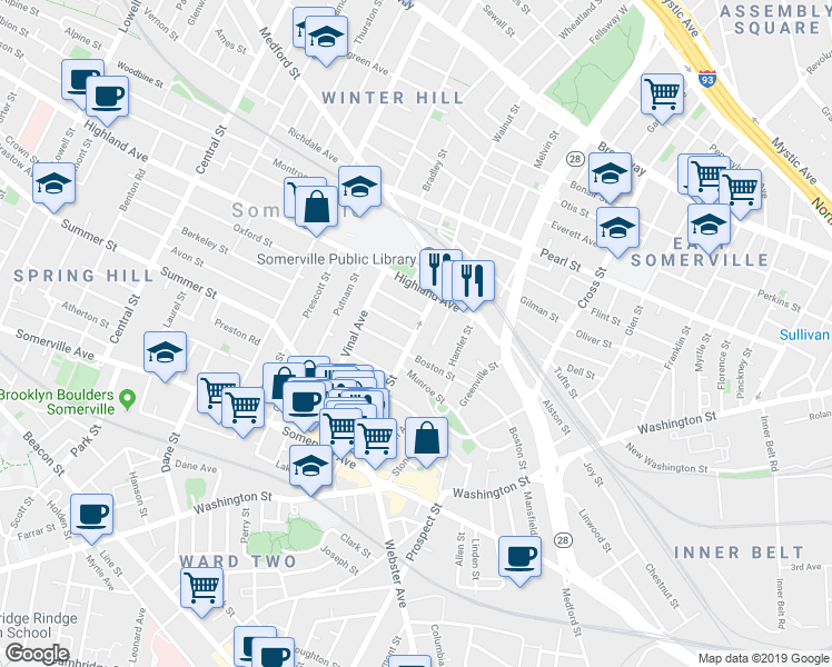 map of restaurants, bars, coffee shops, grocery stores, and more near Walnut St & Pleasant Ave in Somerville
