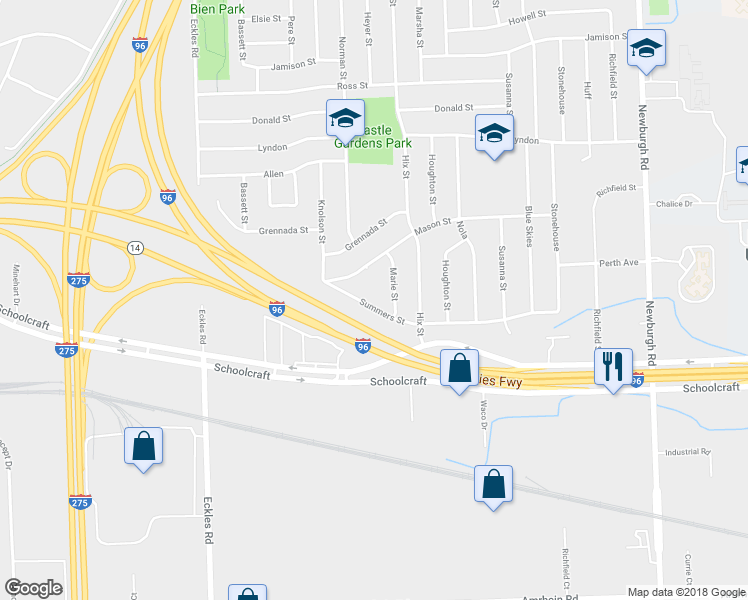 map of restaurants, bars, coffee shops, grocery stores, and more near 38568 Summers Street in Livonia
