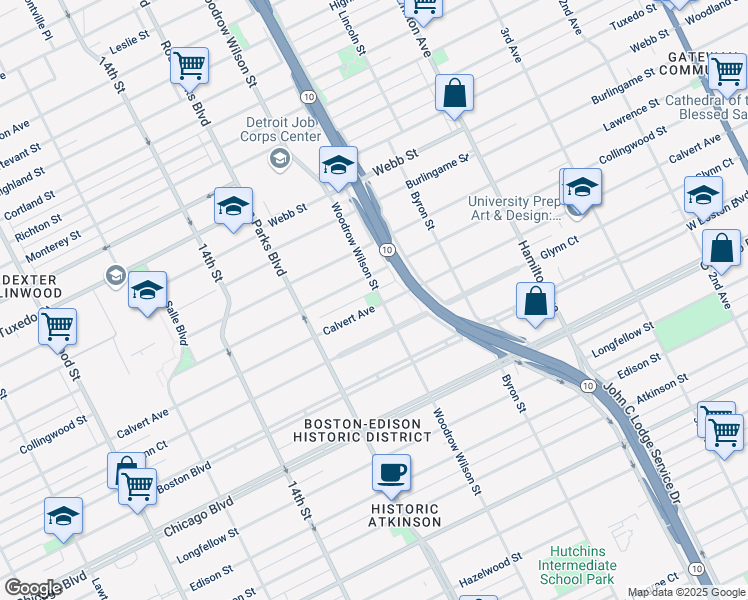 map of restaurants, bars, coffee shops, grocery stores, and more near 1624 Calvert Avenue in Detroit