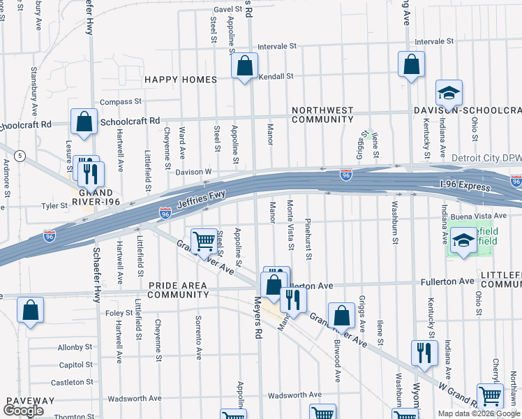 map of restaurants, bars, coffee shops, grocery stores, and more near 13135 Manor in Detroit