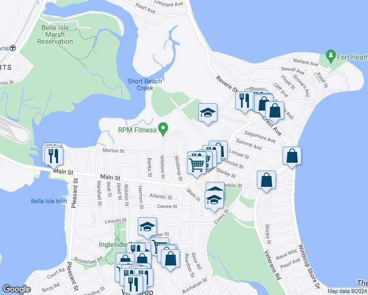 map of restaurants, bars, coffee shops, grocery stores, and more near 900 Governors Drive in Winthrop