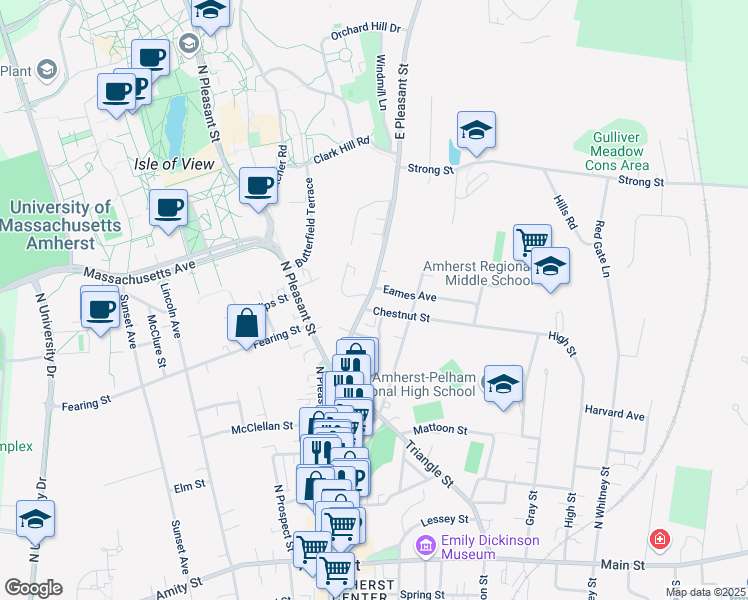 map of restaurants, bars, coffee shops, grocery stores, and more near 155 East Pleasant Street in Amherst