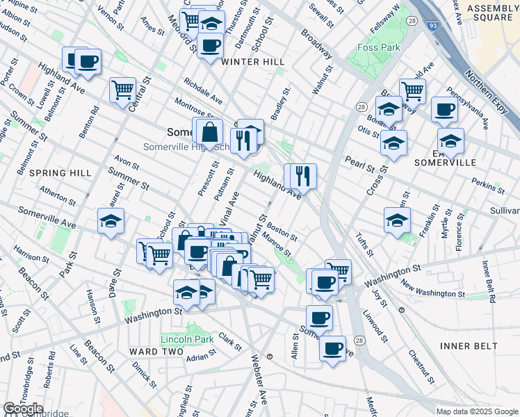 map of restaurants, bars, coffee shops, grocery stores, and more near 9 Summit Avenue in Somerville
