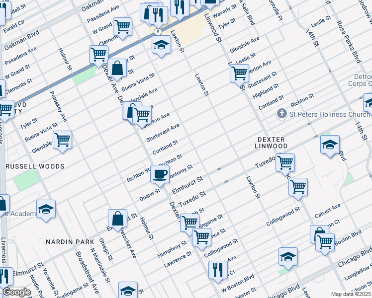 map of restaurants, bars, coffee shops, grocery stores, and more near 3258 Richton Street in Detroit