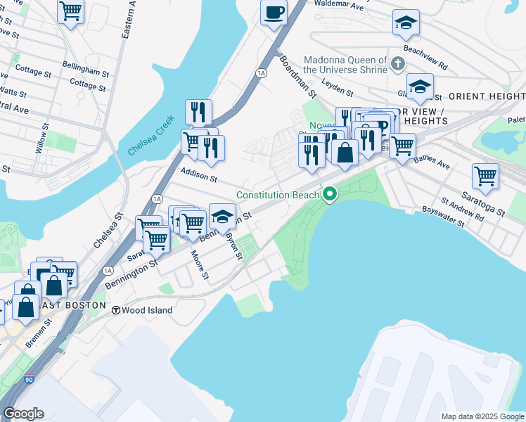 map of restaurants, bars, coffee shops, grocery stores, and more near 669 Massachusetts 145 in Boston