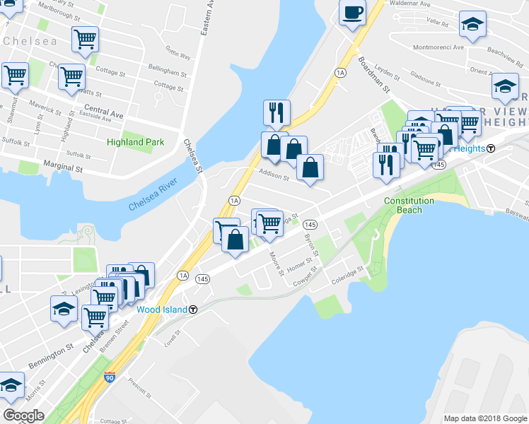 map of restaurants, bars, coffee shops, grocery stores, and more near 25 Moore Street in Boston