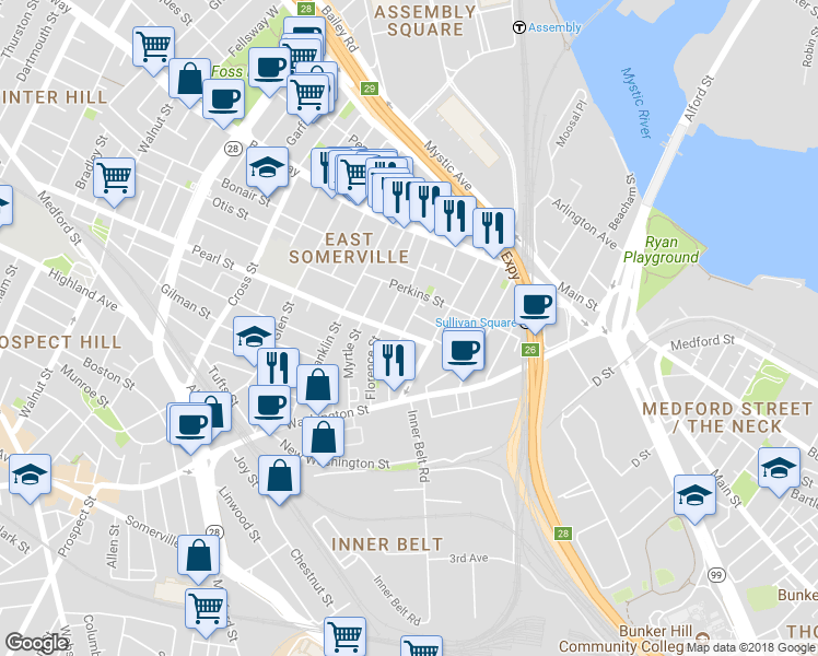 map of restaurants, bars, coffee shops, grocery stores, and more near in Somerville