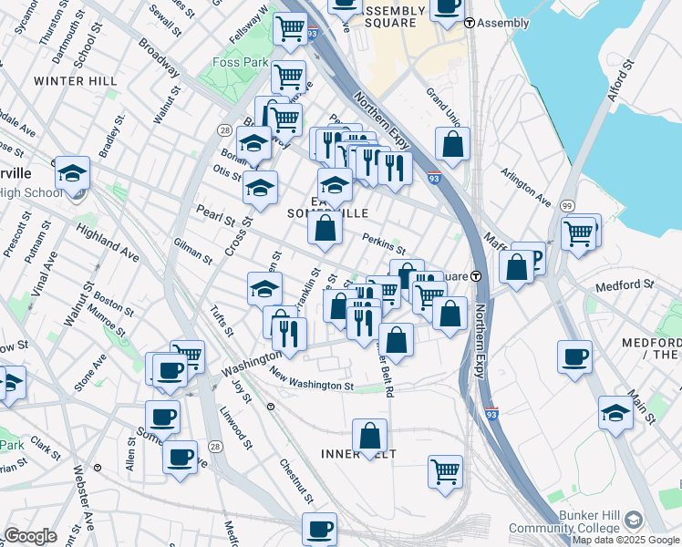 map of restaurants, bars, coffee shops, grocery stores, and more near 65 Myrtle Street in Somerville