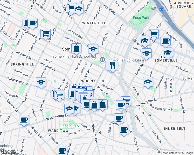 map of restaurants, bars, coffee shops, grocery stores, and more near 9 Summit Avenue in Somerville
