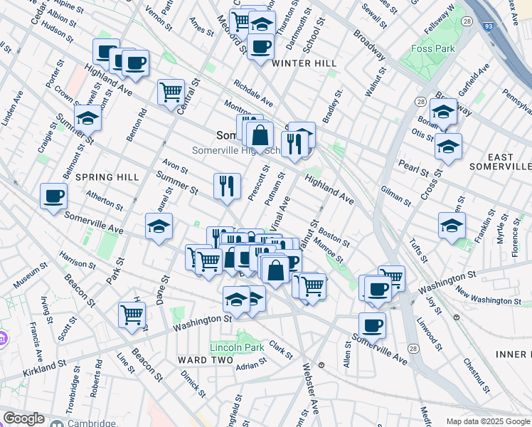 map of restaurants, bars, coffee shops, grocery stores, and more near 22 Putnam Street in Somerville