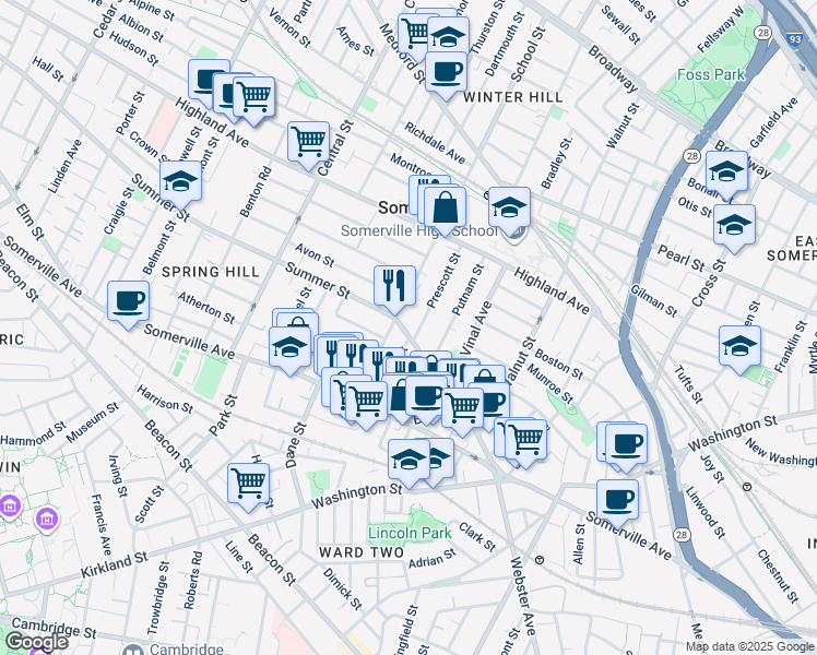 map of restaurants, bars, coffee shops, grocery stores, and more near 59 Summer Street in Somerville