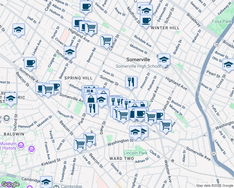map of restaurants, bars, coffee shops, grocery stores, and more near 27 Osgood Street in Somerville