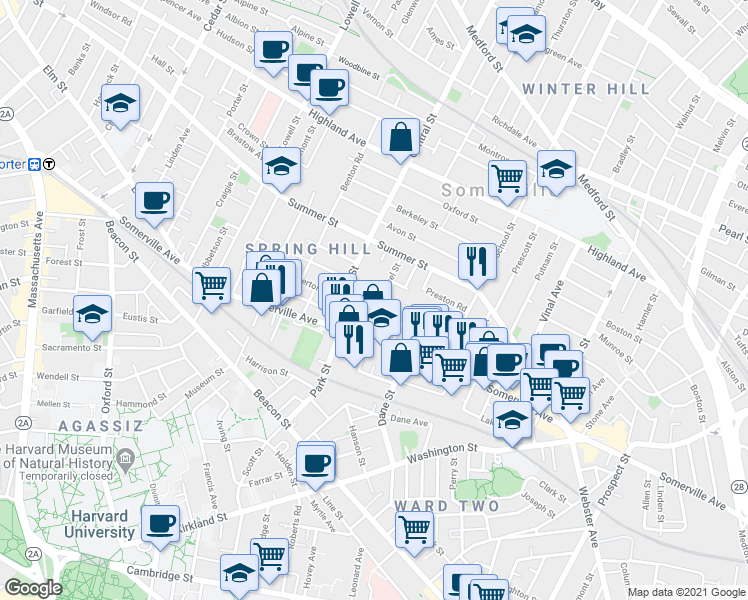 map of restaurants, bars, coffee shops, grocery stores, and more near 25 Laurel Street in Somerville