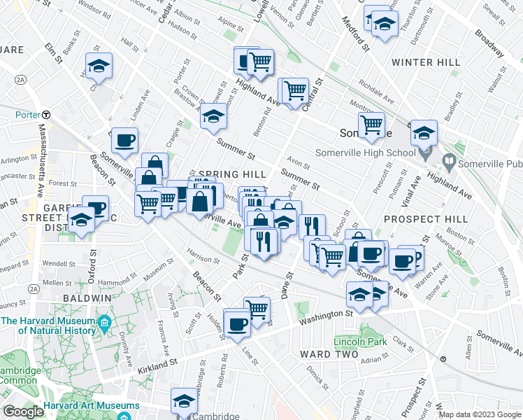 map of restaurants, bars, coffee shops, grocery stores, and more near 15 Central Street in Somerville
