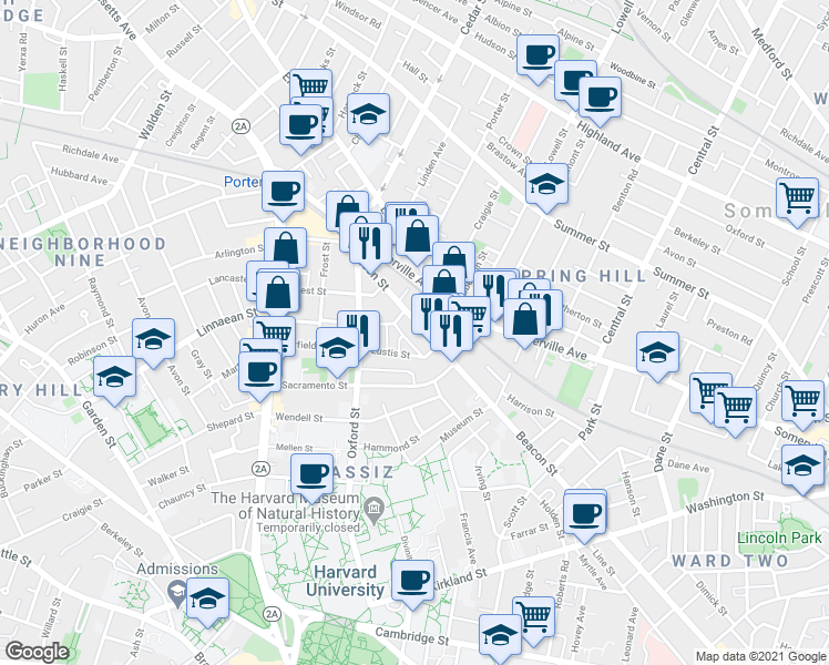 map of restaurants, bars, coffee shops, grocery stores, and more near in Somerville