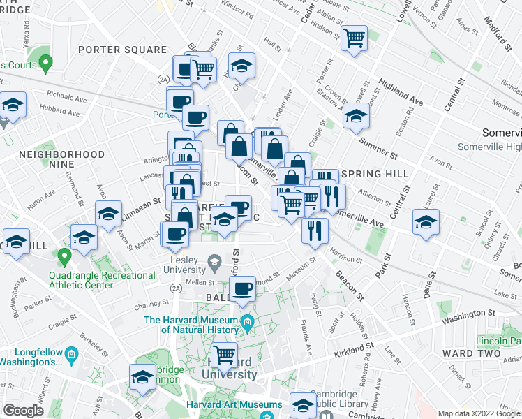 map of restaurants, bars, coffee shops, grocery stores, and more near 14 Traymore Street in Cambridge