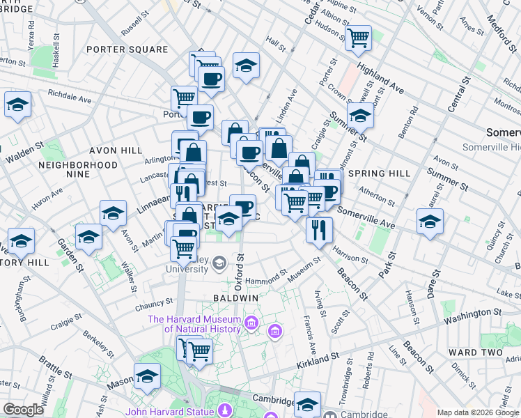 map of restaurants, bars, coffee shops, grocery stores, and more near 14 Traymore Street in Cambridge