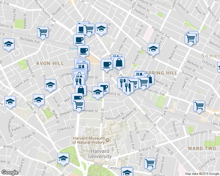map of restaurants, bars, coffee shops, grocery stores, and more near 14 Traymore Street in Cambridge