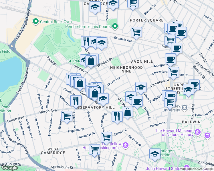 map of restaurants, bars, coffee shops, grocery stores, and more near 99 Garden Street in Cambridge