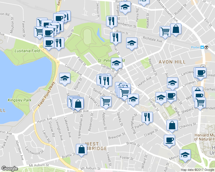 map of restaurants, bars, coffee shops, grocery stores, and more near 356 Walden Street in Cambridge